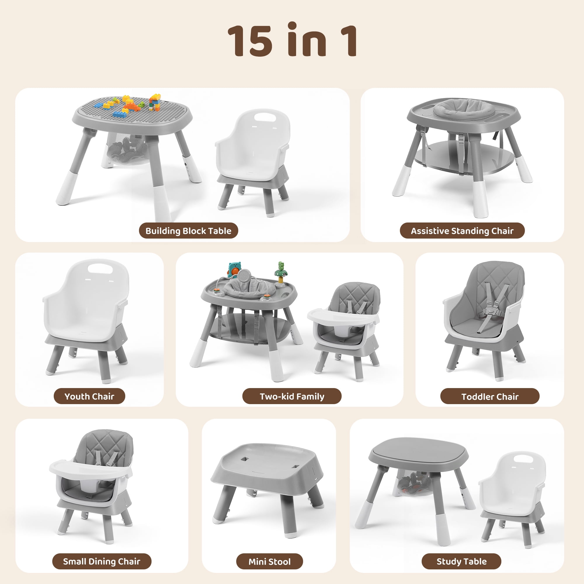AILEEKISS 15-in-1 Baby High Chair, Toddler Dining Booster Seat with Activity Center, Grey