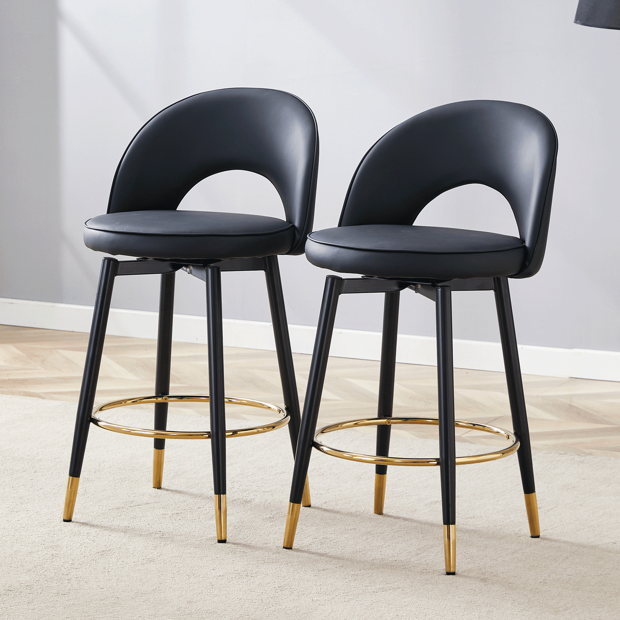 Noble House 360° Rotatable PU Bar Stool Set of 2,Comfortable Cushioned Seat,Black