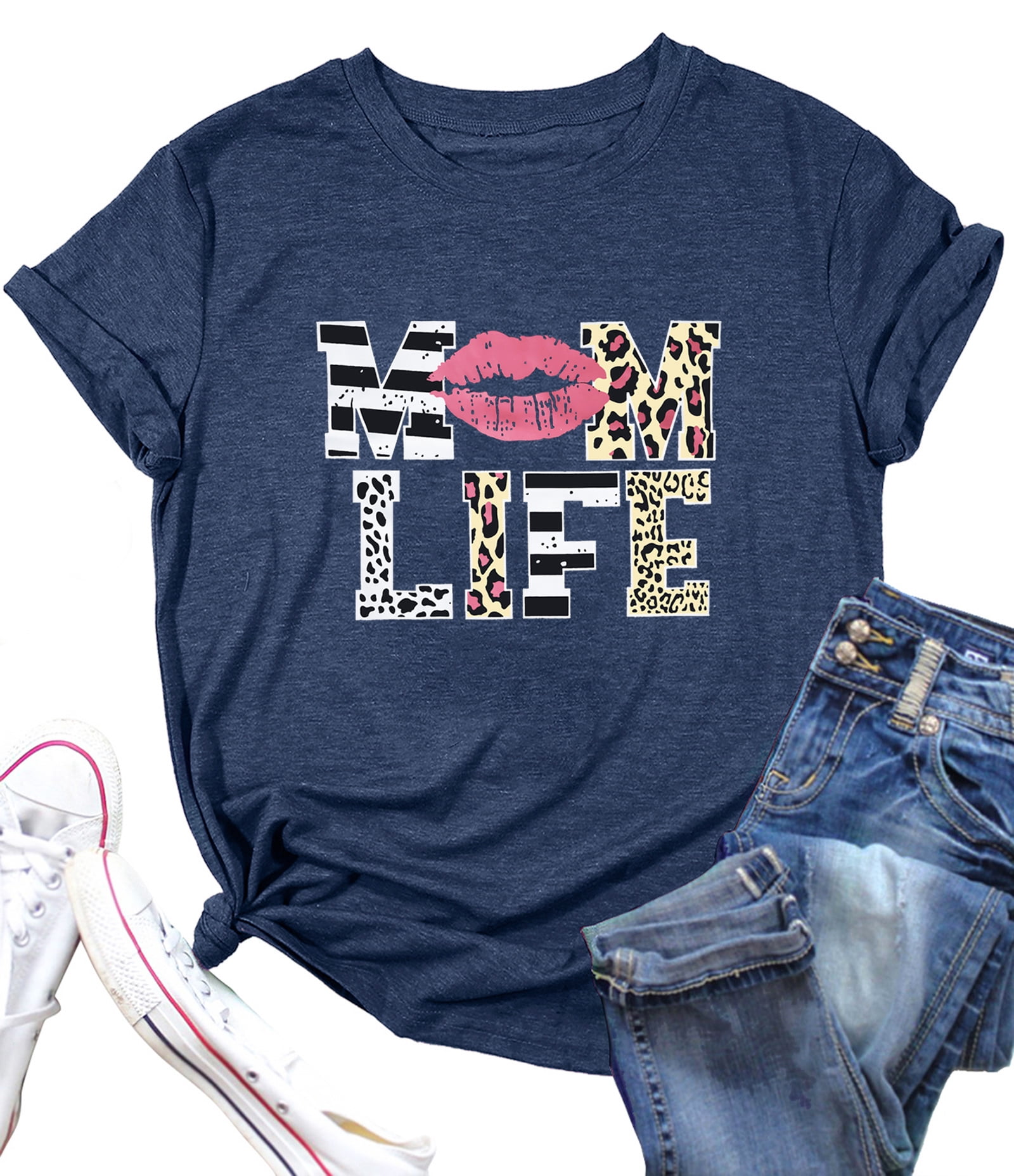 Funny 'Mom Life' Graphic T-Shirt - Leopard Lips Stripe Print Casual Blouse For Women (Pink, Small) - View #5