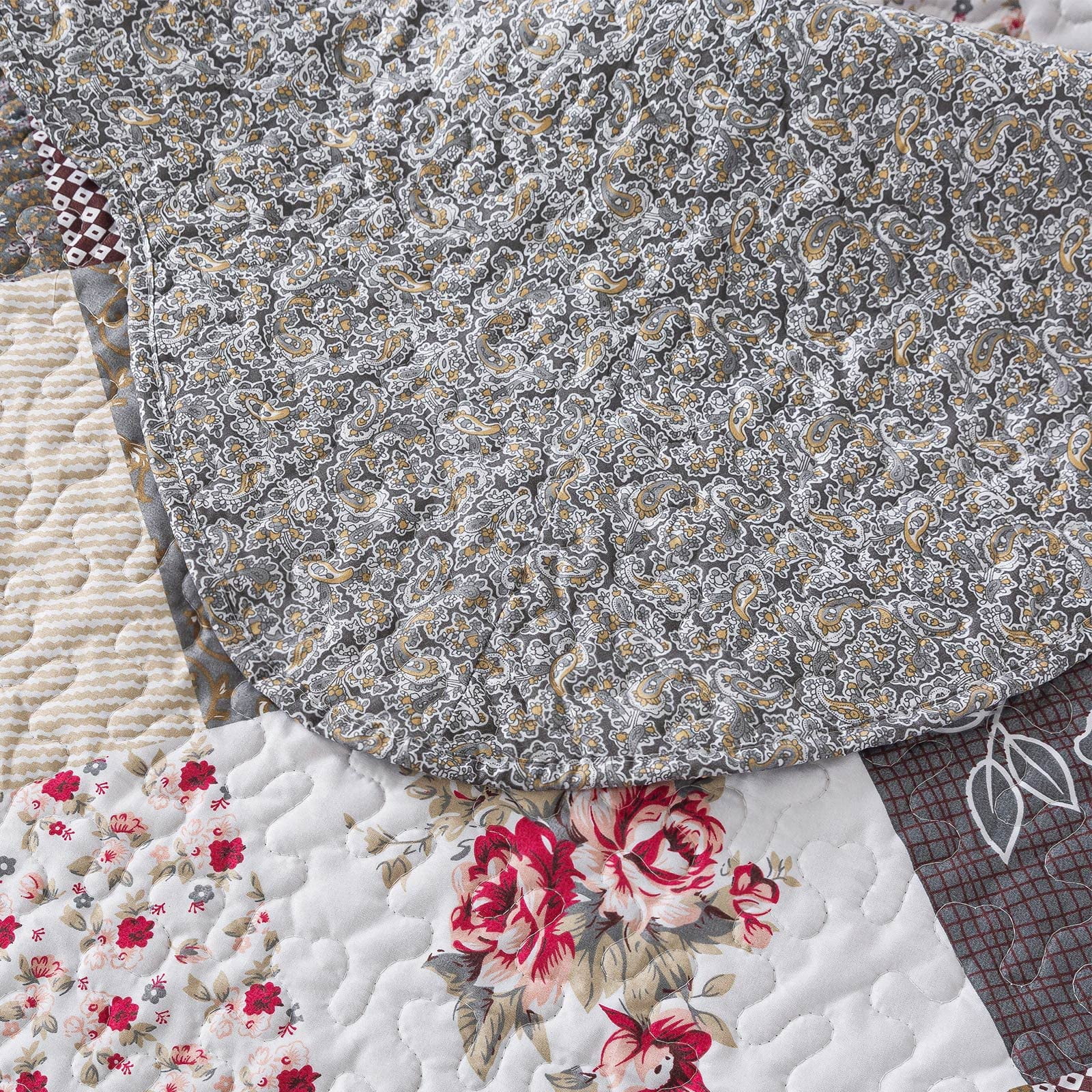 WannaToo Quilt Set 3 Piece Microfiber Quilts Reversible Bedspreads Patchwork Coverlets Floral Bedding Set All Season, Grey Border, Queen size
