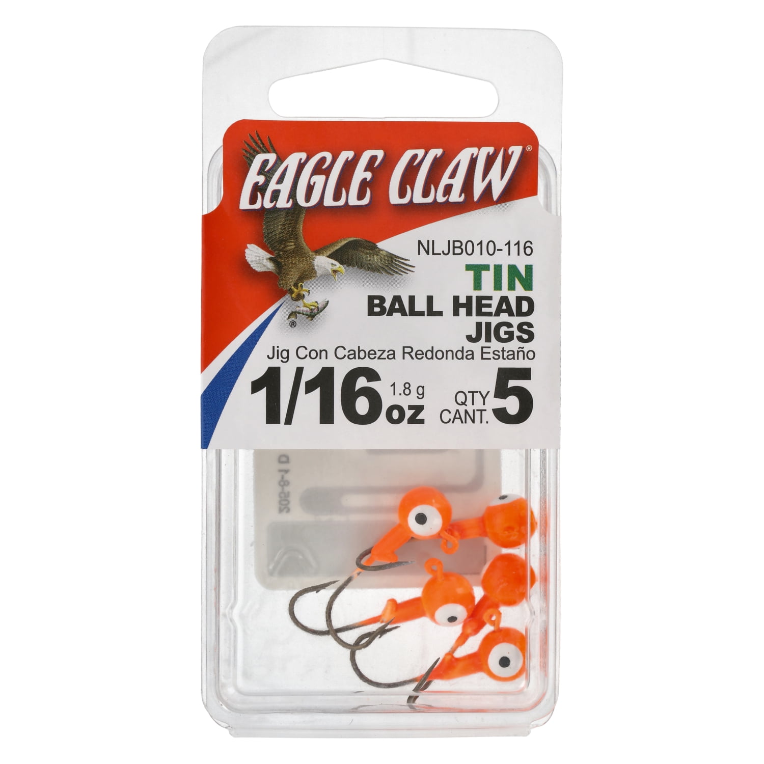 Eagle Claw Tin Ball Head Jig - Double Eye - 5 Pack - 1/16 Oz - Orange