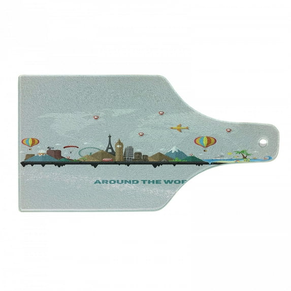 Travel Cutting Board, Around the World Typography with Famous Touristic Landmarks and Map, Decorative Tempered Glass Cutting and Serving Board, in 3 Sizes, by Ambesonne