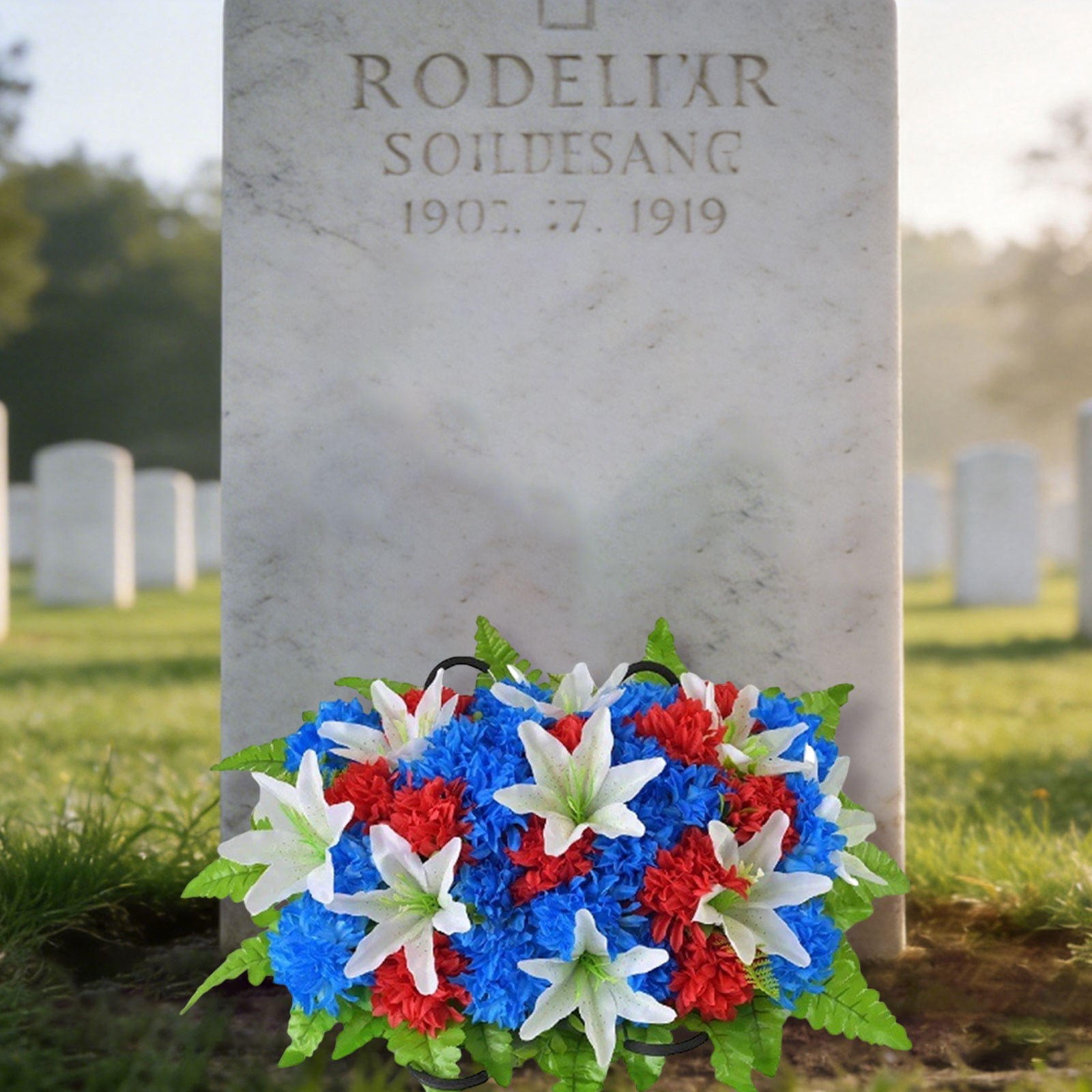 Patriotic Artificial Cemetery Saddle Flowers, Red White Blue Lily & Mum Headstone Saddle, Weatherproof UV Resistant Memorial Day Grave Decorations for Veterans Headstones