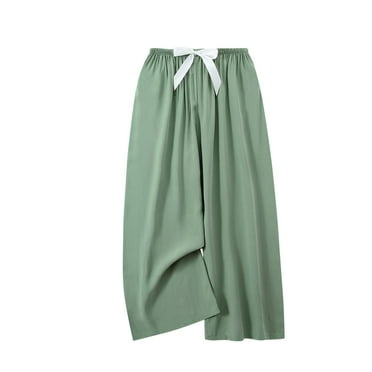 USNSM Women's Plus Size Pants Linen Wide Leg Palazzo Trousers High Waist Elastic Flowy Straight Pants with Pockets Green Free Size