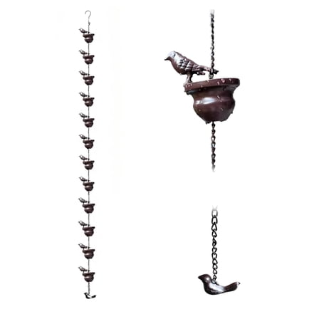 11.1 FT Rain Chains for Gutters,Rustic Iron Decor with Anti-Rust Coating,Alternative to Traditional Downspouts, with 12 Cups and 13 3D Bird Models, Rain Chains for Outside Made Easy to Hang