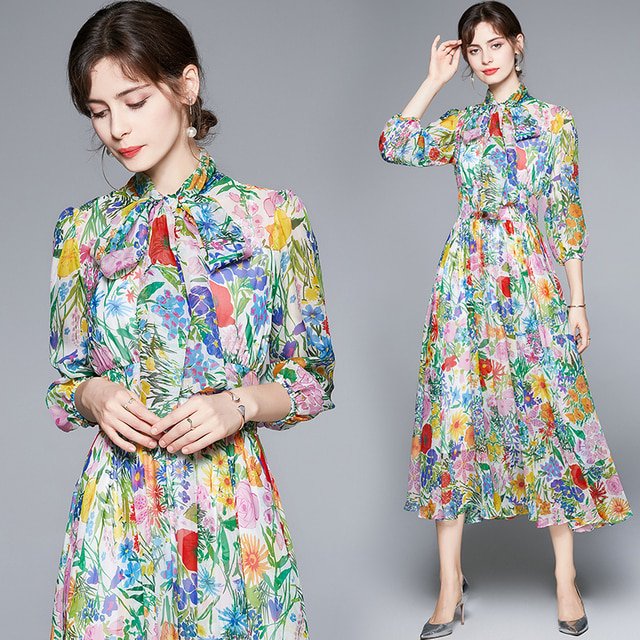 Dropshipping Nouvelle Robe Midi Décontractée d'Été Automne Imprimé Fruits Nœud Papillon Col Foulard Manches 3/4 Taille Empire Femmes Soirée Plage