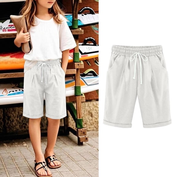 CQONEPT Girls Bermuda Shorts Knee Length Cute Clothes Long Shorts Adjustable Waist Straight Leg Pant 4-15 Years White 8-9Years