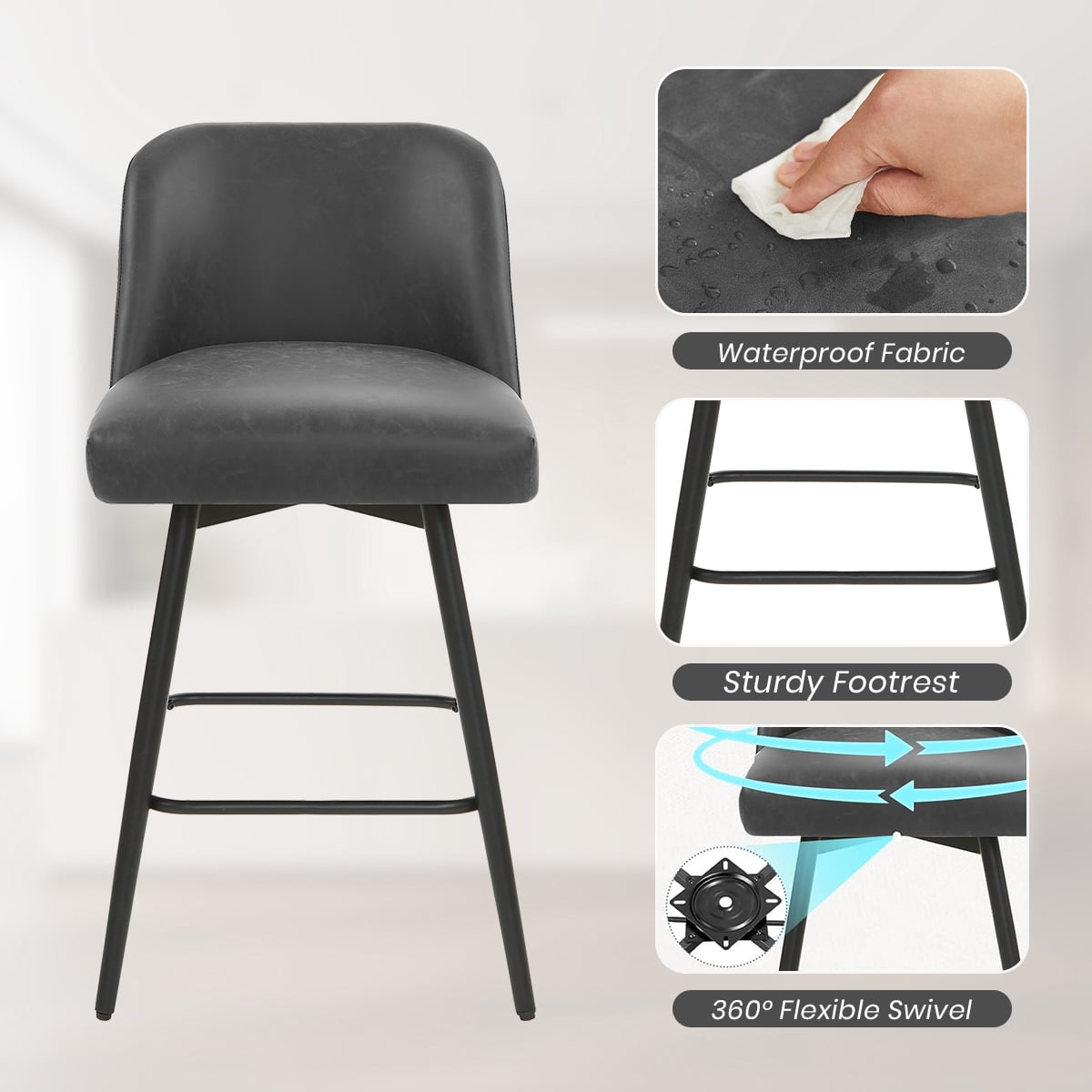 Modern Bar Stools Set of 4, 26" H Swivel Counter Height Barstools with High Backs, Kitchen Island Stools, For Bar & Home,Faux Leather, Grey