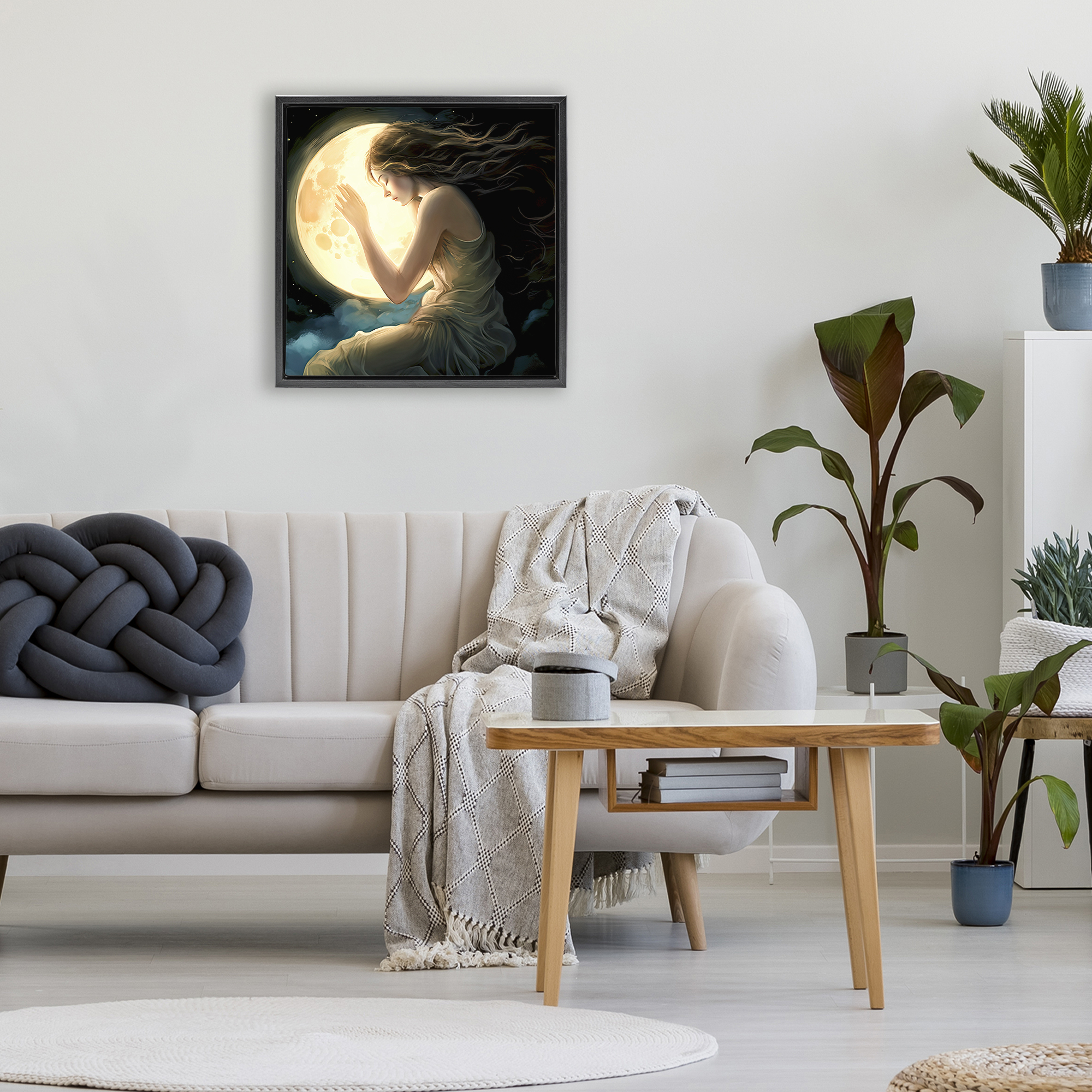 Ethereal Moon Love Black Framed Floater Canvas Wall Art, design by Sasha