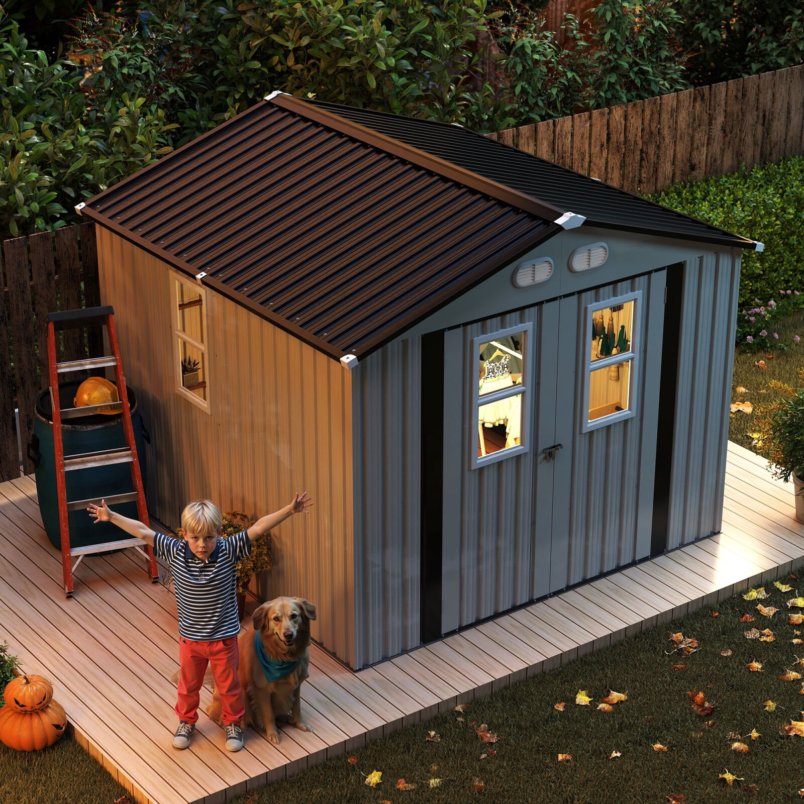 8x8 FT Outdoor Storage Shed, Metal Garden Tool Shed with Windows and Lockable Doors, Updated Frame Bike Shed with Slooping Roof and Air Vents, White