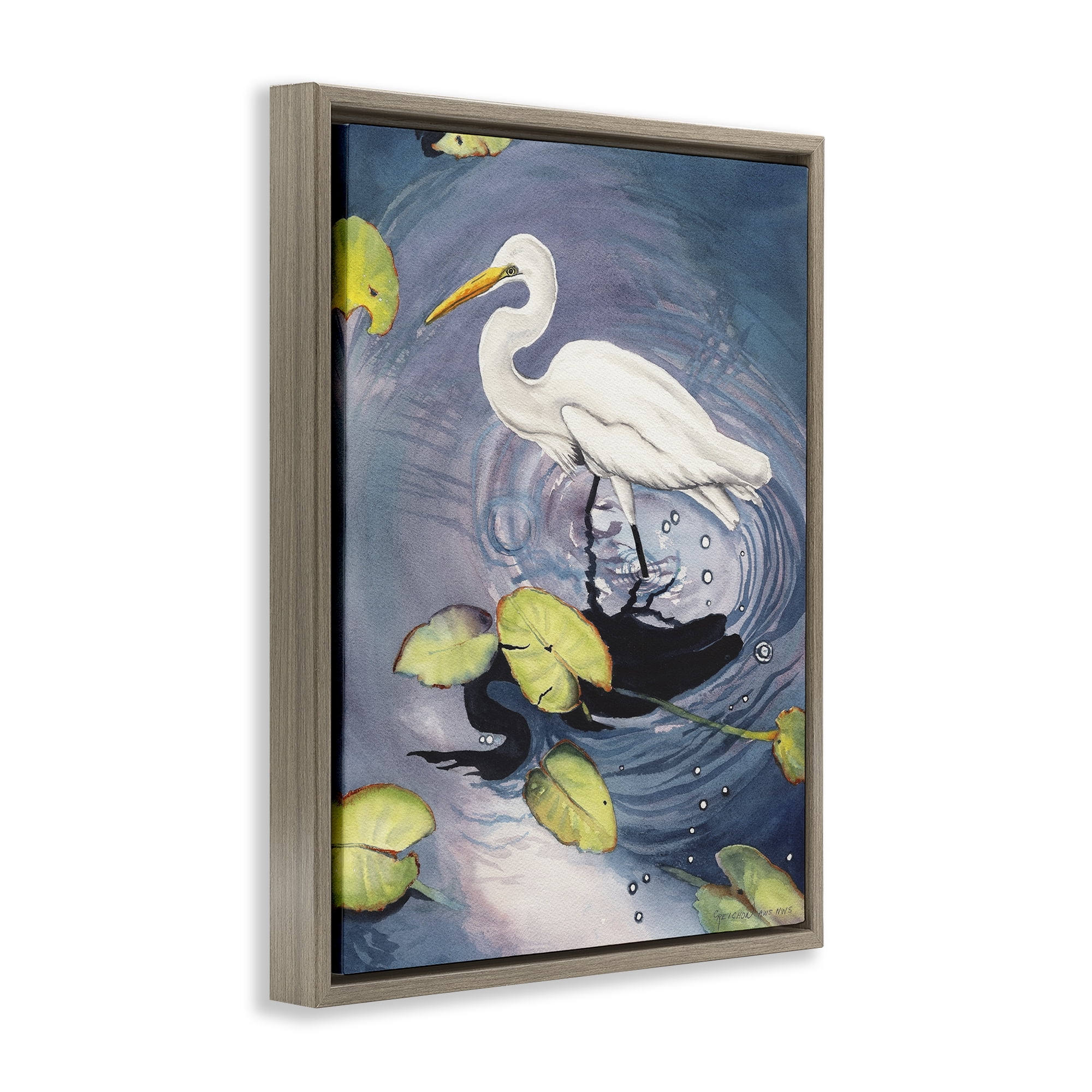 Stupell Industries Heron with Pond Ripples Animals & Insects Painting Brown Floater Framed Canvas Art Print Wall Art, 17 x 21