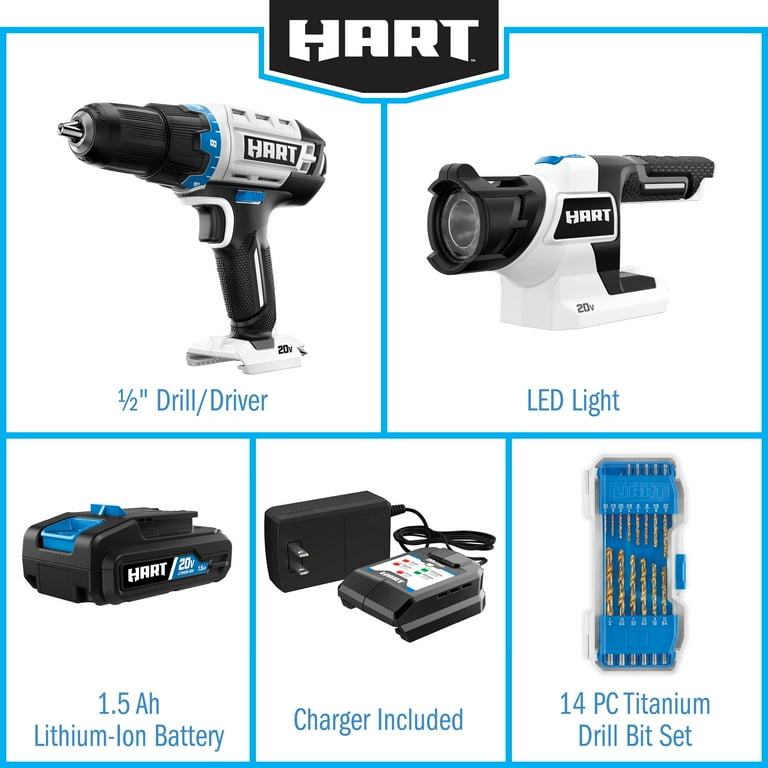 HART 20-Volt Cordless 1/2-inch Drill and LED Light Kit with 14-Piece Accessory Kit (1) 1.5Ah Lithium-Ion Battery HART 20-Volt Cordless 1/2-inch Drill and LED Light Kit with 14-Piece Accessory Kit (1) 1.5Ah Lithium-Ion Battery