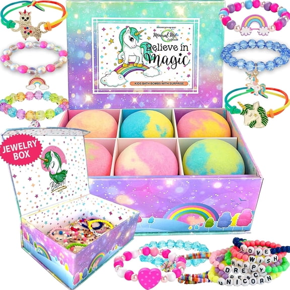 Unicorn Bath Bombs for Girls with Jewelry Inside Plus JEWELRY BOX for Kids by Mineral Me California