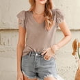 thumbnail image 2 of Top de manga corta con volantes en capas para mujer, blusa holgada informal de Color puro con cuello en V y hombros fruncidos, 2 of 6