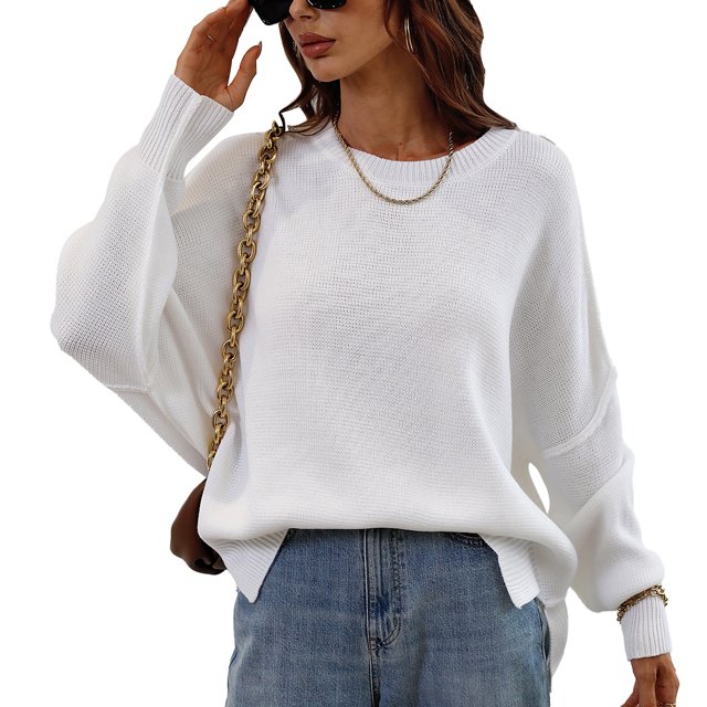 Jersey de punto de manga larga con cuello redondo para mujer, suéter suelto de moda con dobladillo dividido de color puro para citas, blanco S
