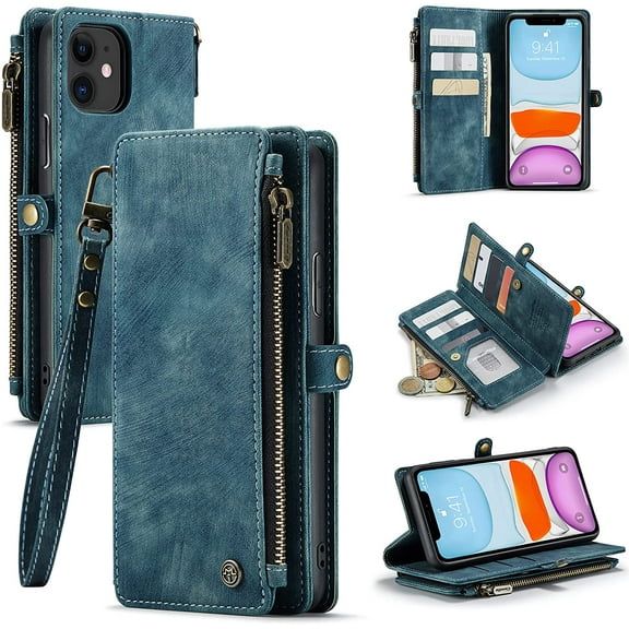 For iPhone 11 Case, iPhone 11 Wallet Case for Women Men, Durable PU Leather Magnetic Flip Lanyard Strap Wristlet Zipper Card Holder Wallet Phone Cases for iPhone 11 6.1-inch, Blue
