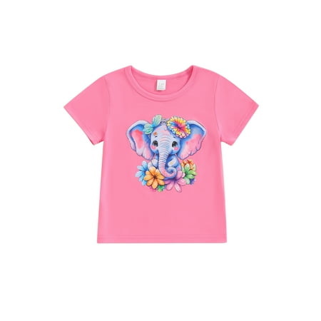 

BABAMOON Toddler Baby Girls T-Shirt Cartoon Elephant & Flower Print Short Sleeve Round Neck Graphic Tops Summer Clothes
