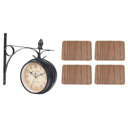 

European-Style Double-Sided Wall Clock Monochrome with 4Pcs Imitation Wood Grain Placemat PU Pad Non Slip Table Mats