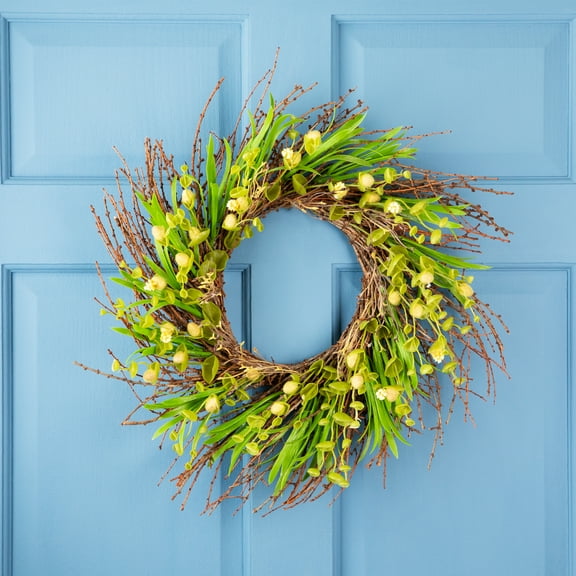 Northlight Budding Flowers, Leaves and Twigs Artificial Floral Wreath - 20" - Yellow