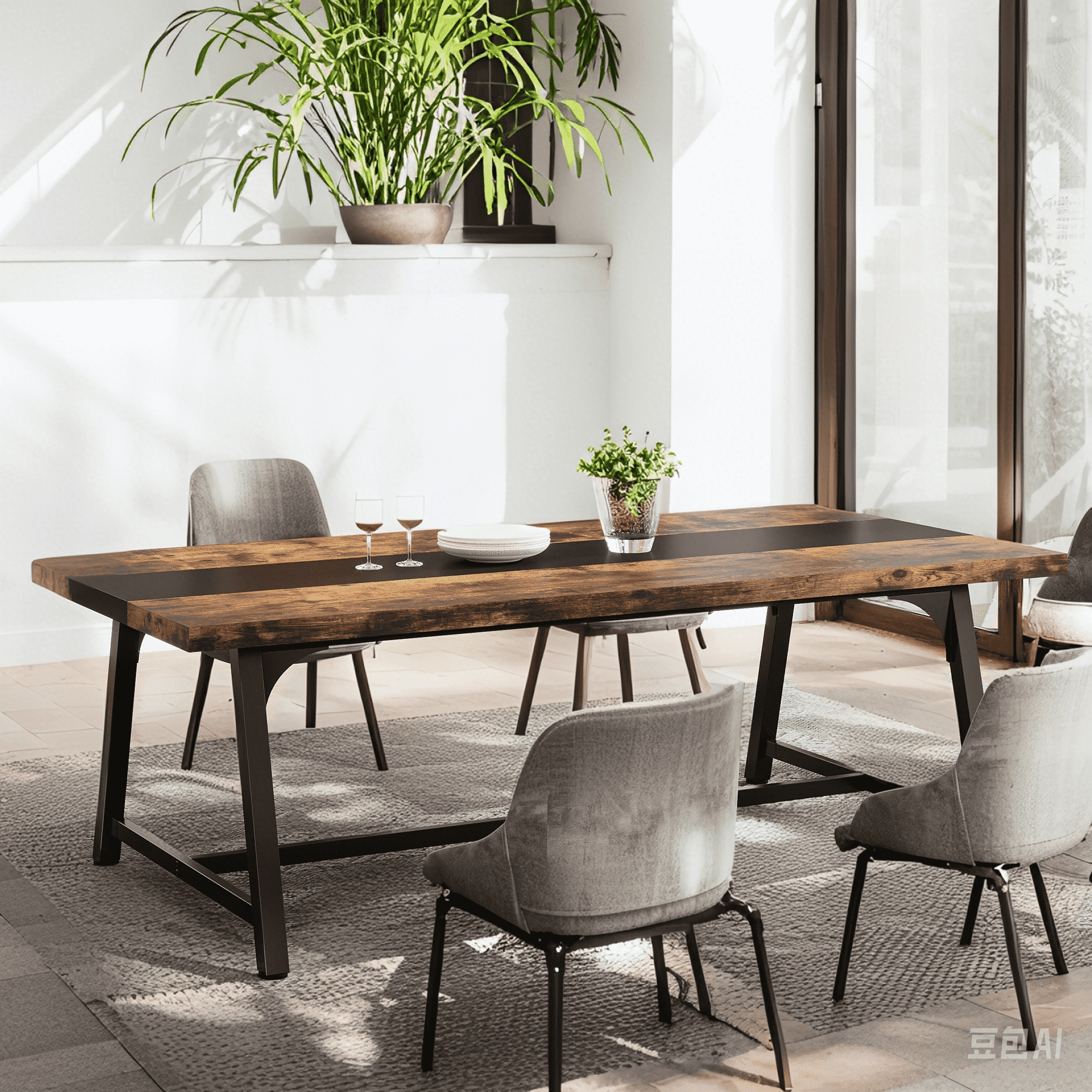 MAYEERTY 71 Inch 6-8 Person Dining Table, Rustic Brown & Black Multifunctional Table for Kitchen, Office & Conference
