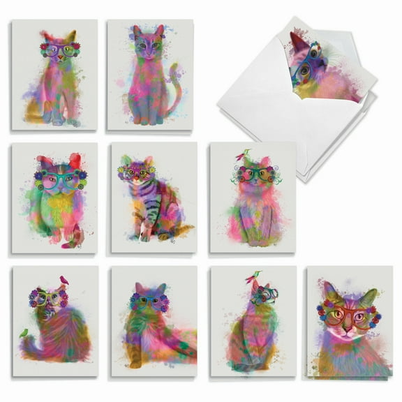 20 Blank All Occasion Cards Assorted (10 Designs, 2 Each) - Funky Rainbow Cats All Occasion (4" x 5.12") AM6199OCB-B2x10
