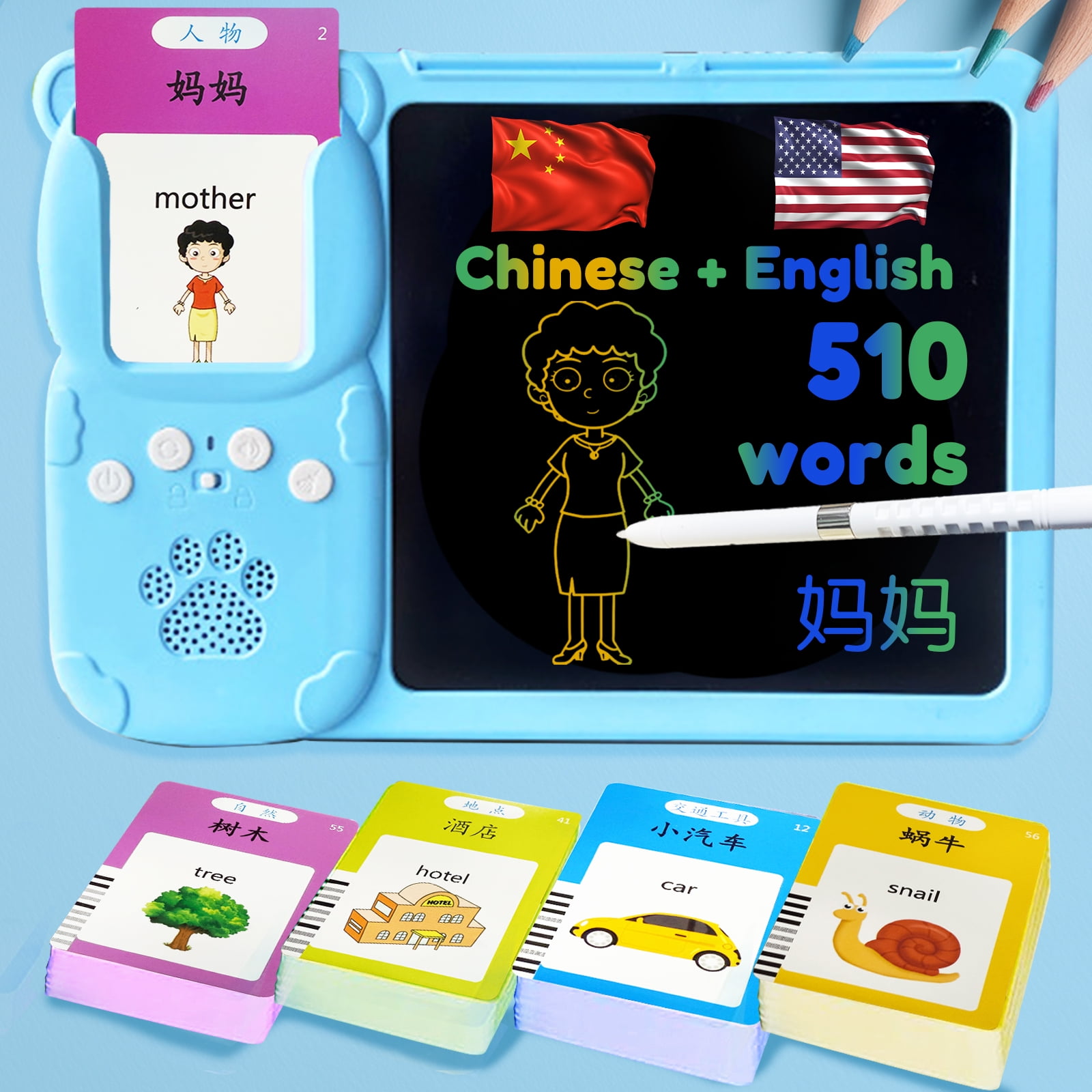 MoLingvora Writing Tablet with Chinese Talking Flash Cards Bilingual Learning Gifts for Kids Blue