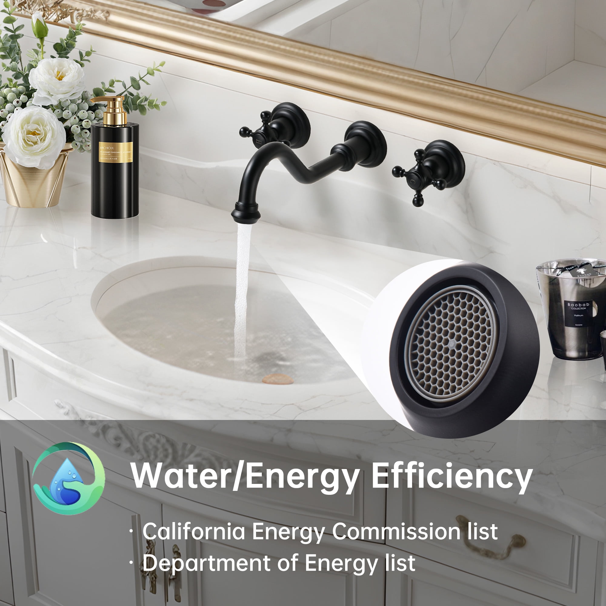 SUMERAIN Traditional Style Wall Mount Bathroom Vessel Faucet -3 Holes Cross Knobs Lavatory Basin Faucet Matte Black Finish with In-Wall Valve Included