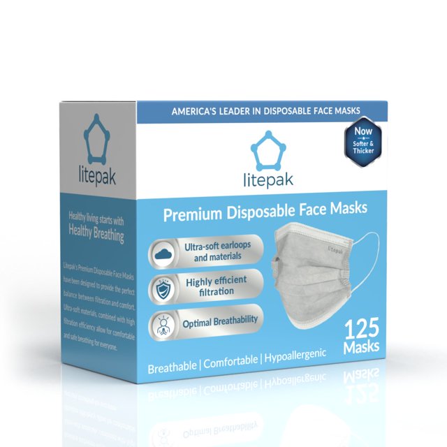 125Pack Litepak Disposable Face Masks Comfort Earloops with Dispenser