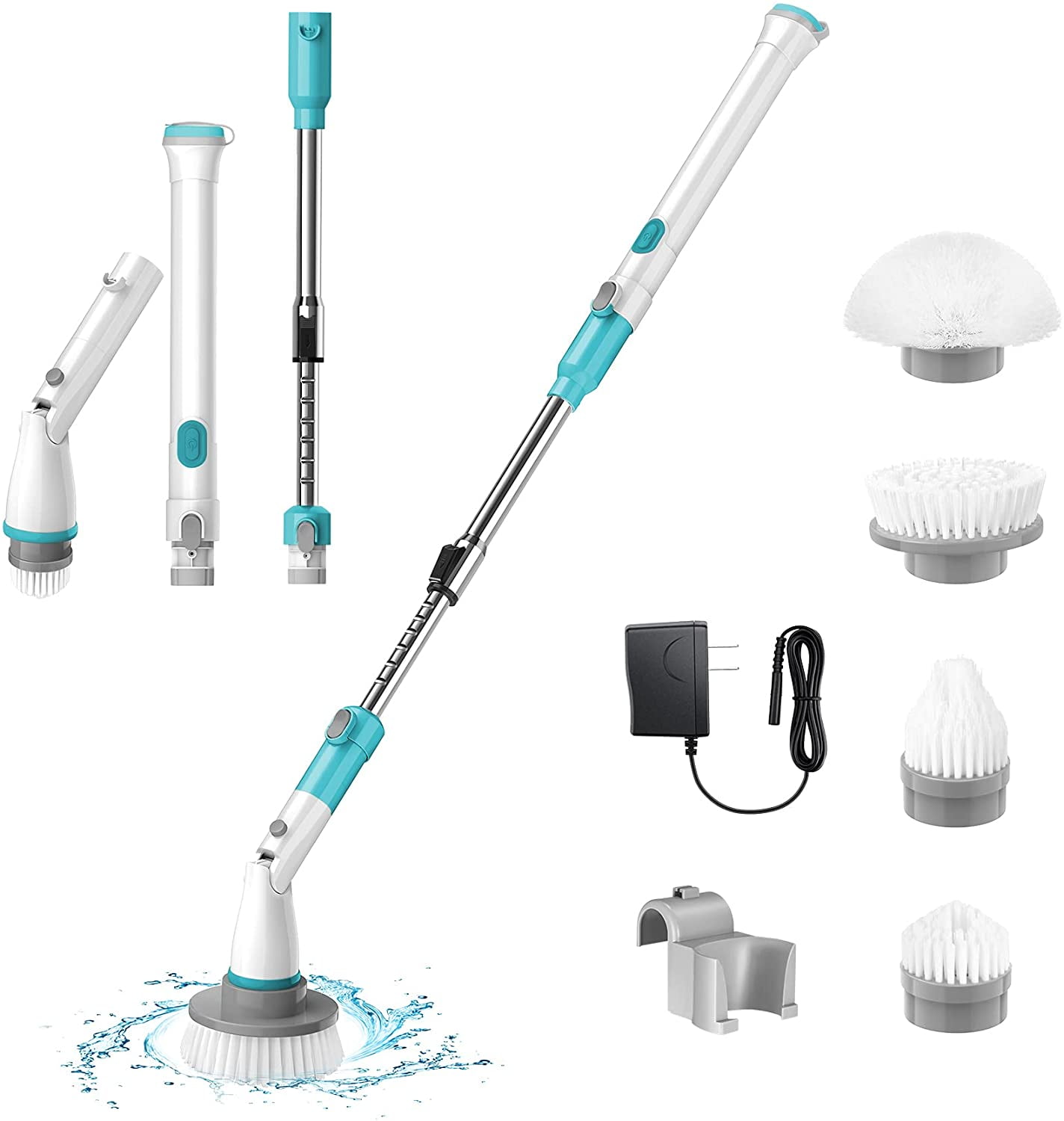 Electric Spin Scrubber, Cordless Scrubber with 4 Brush Heads, 1 Extension Arm&Adapter