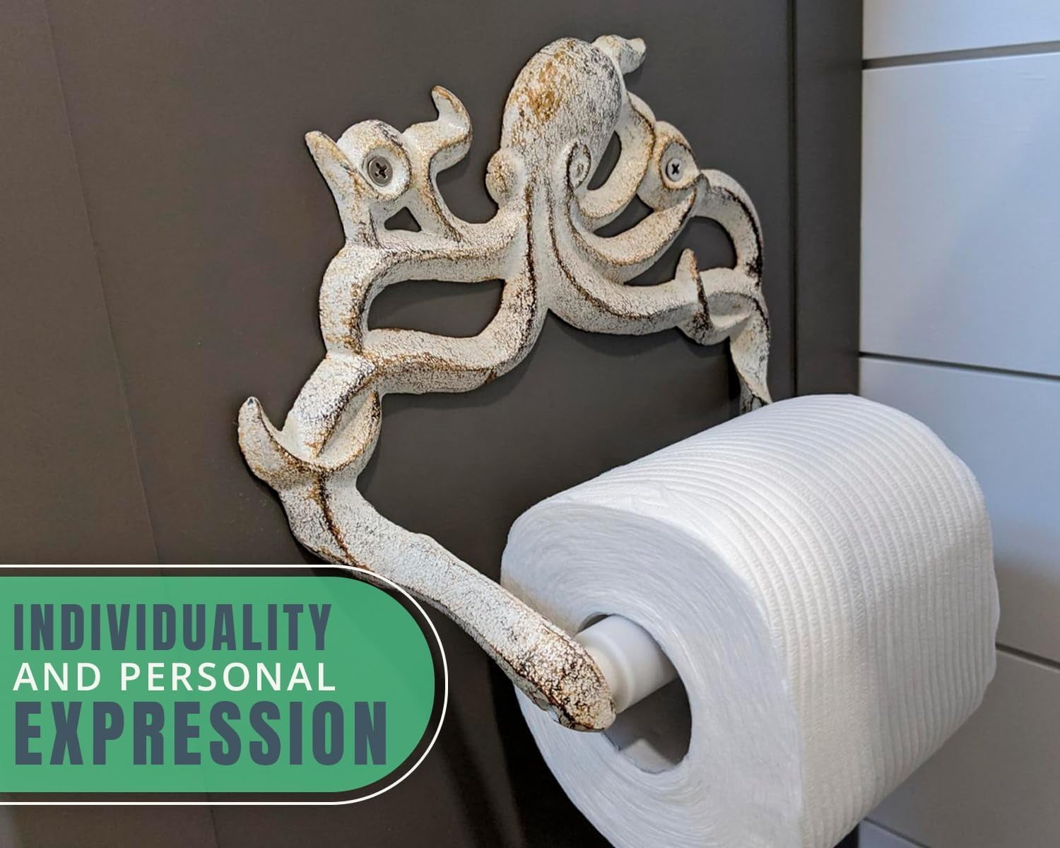 Comfify Cast Iron Octopus Toilet Paper Holder, Wall Mounted Bathroom Holder, Rust White