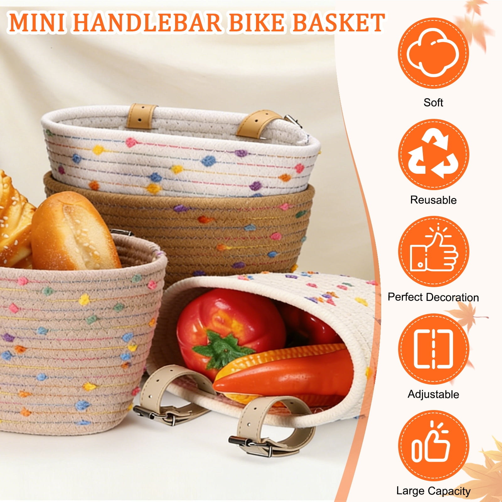 Uxcell Bike Basket, Cotton Rope Woven Colored Spots Bicycle Basket Adjustable Front Handlebar Baskets with 2 Leather Belt Buckles Beige-Fitting For(Most Bikes/Tricycle/Scooters)