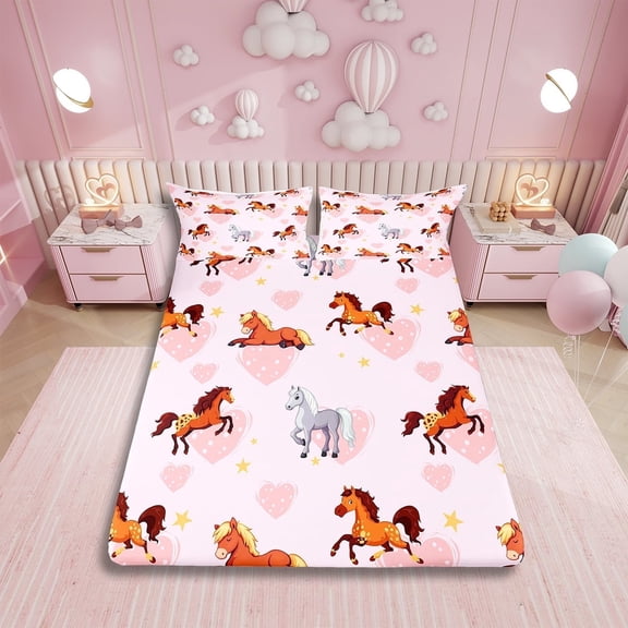 Cute Galloping Horse Bed Sheets Set,Farmhouse Horse Sheet Set Twin for Kids Boys Girls,Love Heart Sheets,Pink Pastel Flat Fitted Sheet with 1 Pillowcase,Deep Pockets