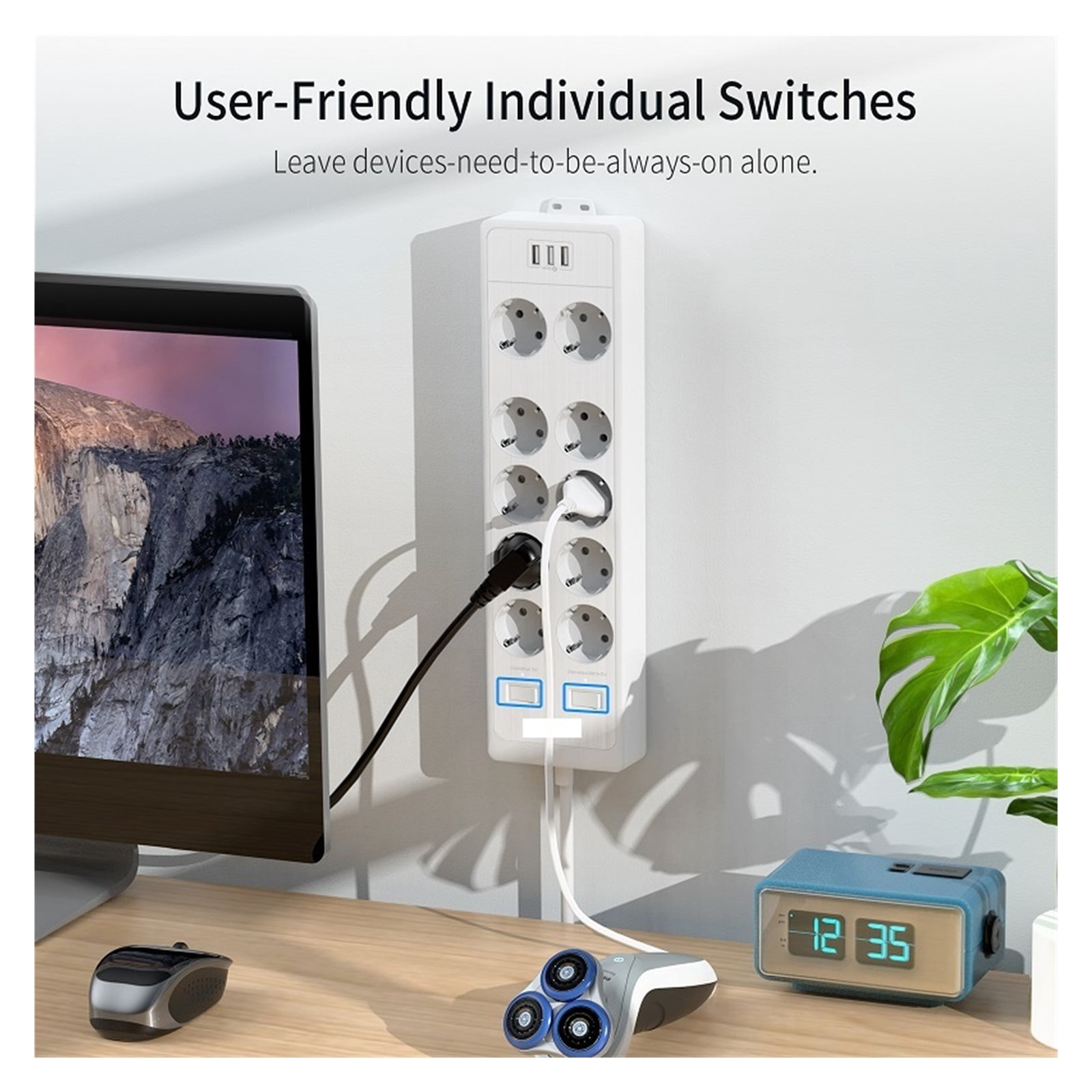 Wall Mountable USB Power Strip 4000J Surge Protector Extra Wide Socket Power Outlet With Extension Lead Network Filter