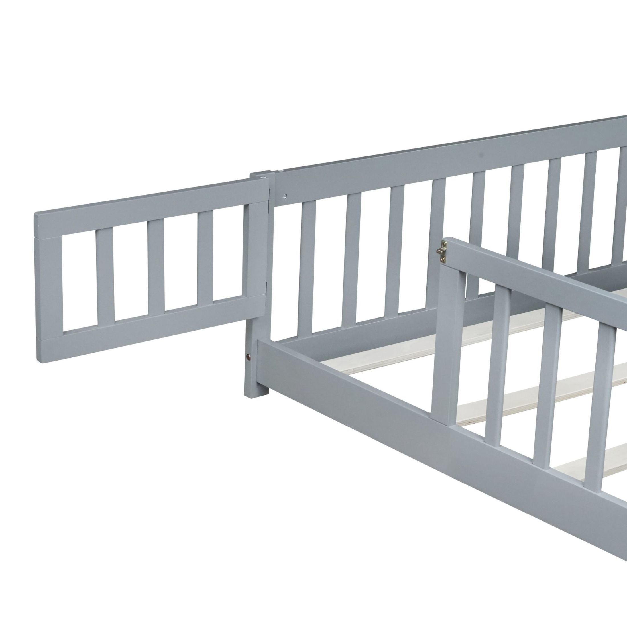 Noble House Queen Size Floor Bed, Solid Rubber Wood Frame with Fence, Door, Guardrails & Slat Support, Grey