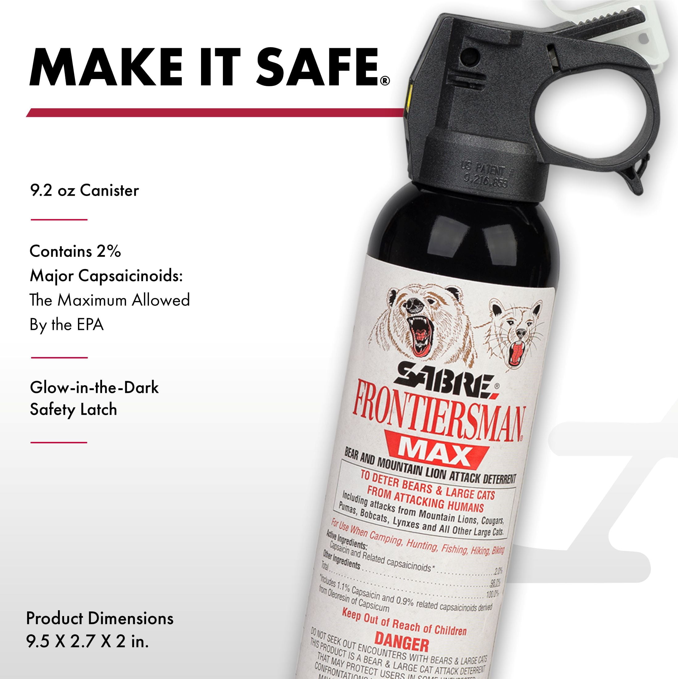 SABRE Frontiersman MAX Bear Spray and Mountain Lion Deterrent, 9.2 oz, 40 ft Range, Maximum Strength, Hiking, Camping, 1 Ct, Animal Pepper Spray