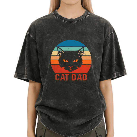 Black Washed Cat Dad Cute Sunset Cat Head Print Tshirt Graphic Tees Shirts Feline Parent Weekend Wear Classic S-2XL Tops