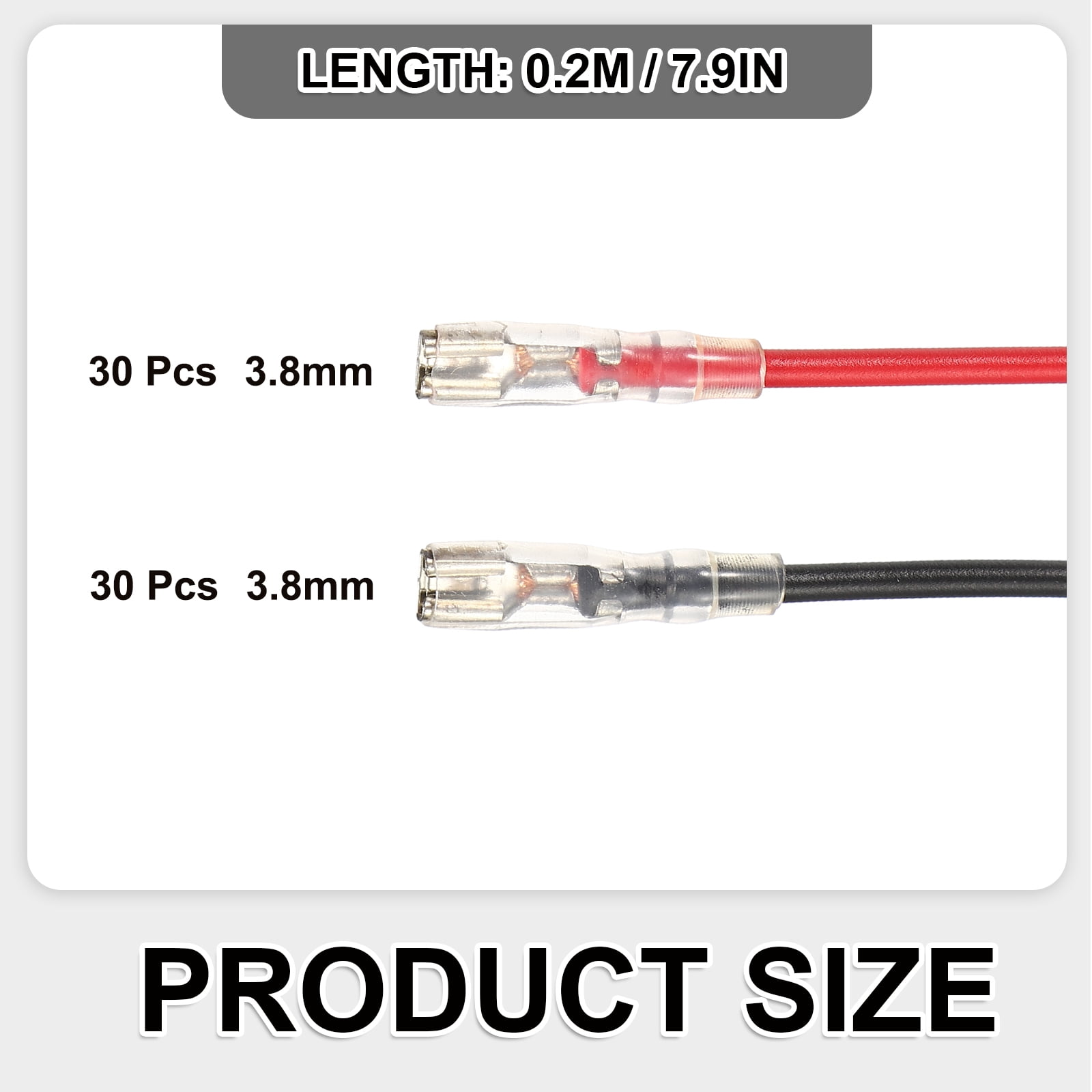 60 Pack Female Spade Crimp Terminal with Insulating Sleeve 3.8mm, Female Spade Quick Connector Assortment Kit with 20cm Wires, Flame Retardant Cover, Red & Black (30 Pack Each)