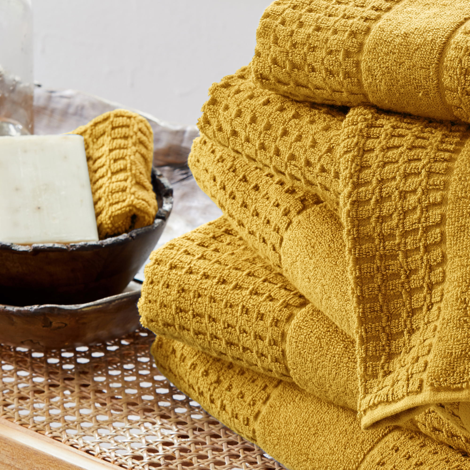 Yellow Flower Block Print Waffle Weave Hand Towel by World Market