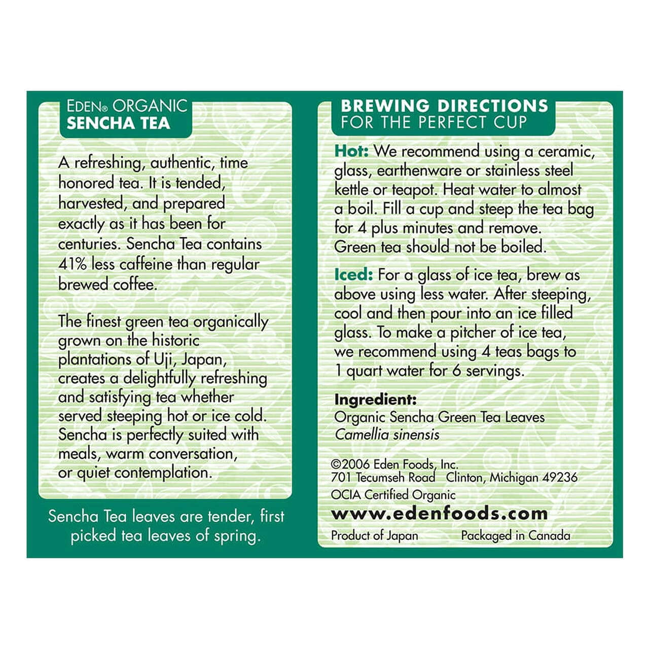Eden Foods, Organic, Sencha Green Tea, 16 Tea Bags, .84 oz Pack of 3