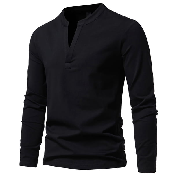 Blusas y camisas de manga larga con cuello en V para hombre, estilo casual, de color liso, de poliéster y algodón.
