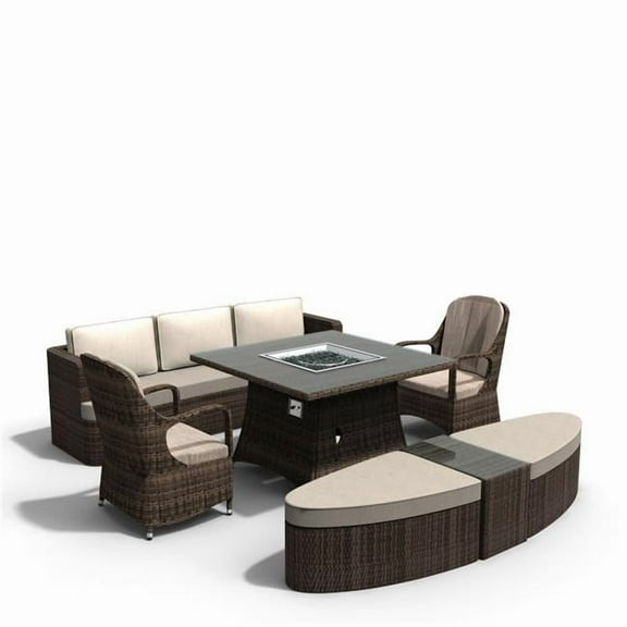 Direct Wicker UBS-1104-1202-009-B Brown 7 Piece PE Rattan Outdoor Square Fire Pit Dining Table and Chairs Set, Daybed, Ottoman, Coffee Table