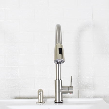 BETTER HOMES & GARDENS ELMONT HIGH SPOUT SINGLE HANDLE PULL DOWN KITCHEN FAUCET WITH SOAP DISPENSER, SATIN NICKEL