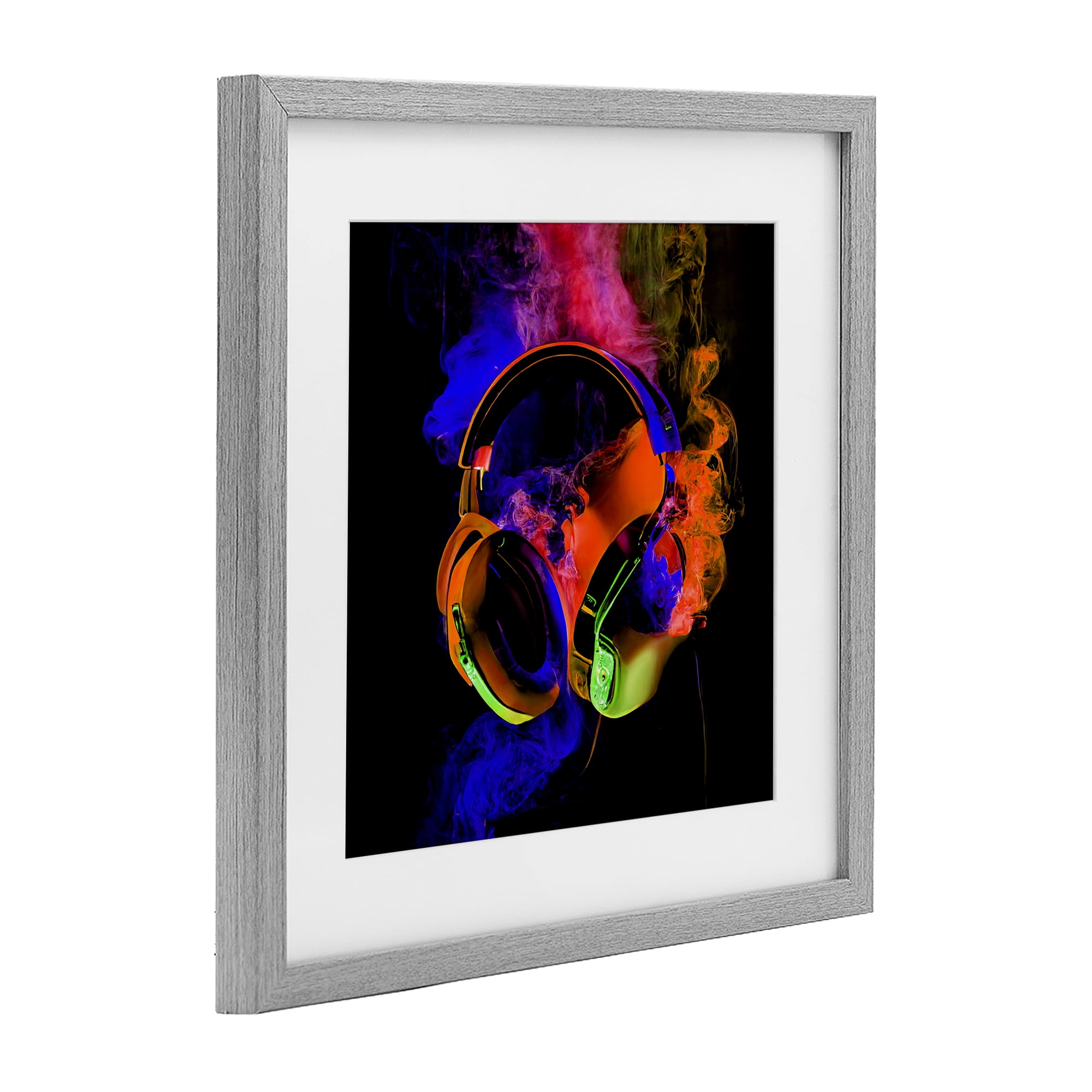 Power Play Headphones Gray Framed Print Under Glass, design by Sasha