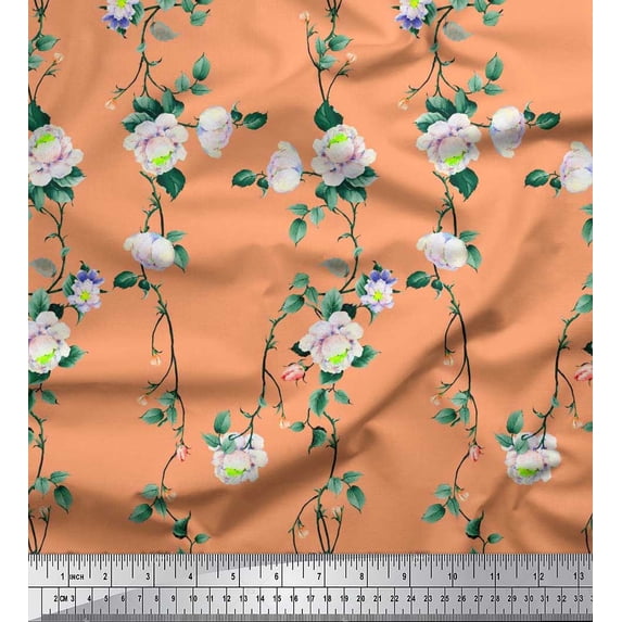 Soimoi Viscose Chiffon Fabric Leaves & Peony Floral Print Fabric by The Yard 42 Inch Wide