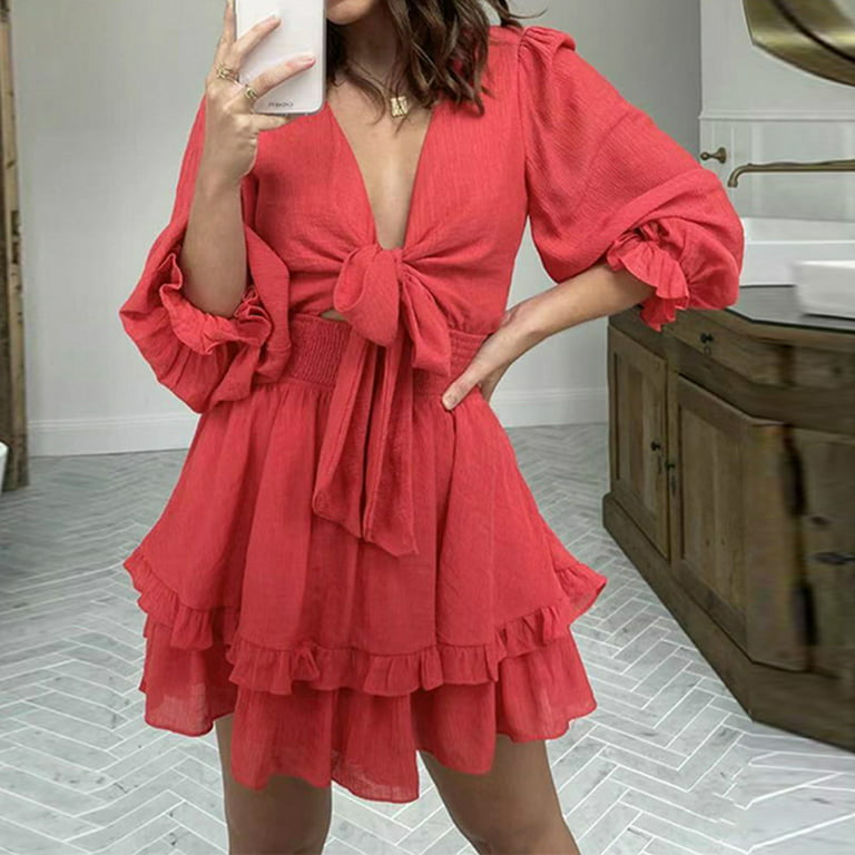 Women Casual Deep V Neck Sexy Dress Puff Long Sleeve High Waisted Solid  Color Fall Ruffle A Line Swing Mini Dresses