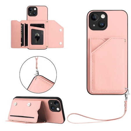 Case for iPhone 15 Wallet Case with Credit Card Holder and Lanyard Premium Leather Magnetic Clasp Kickstand Shockproof Protective Phone Cover