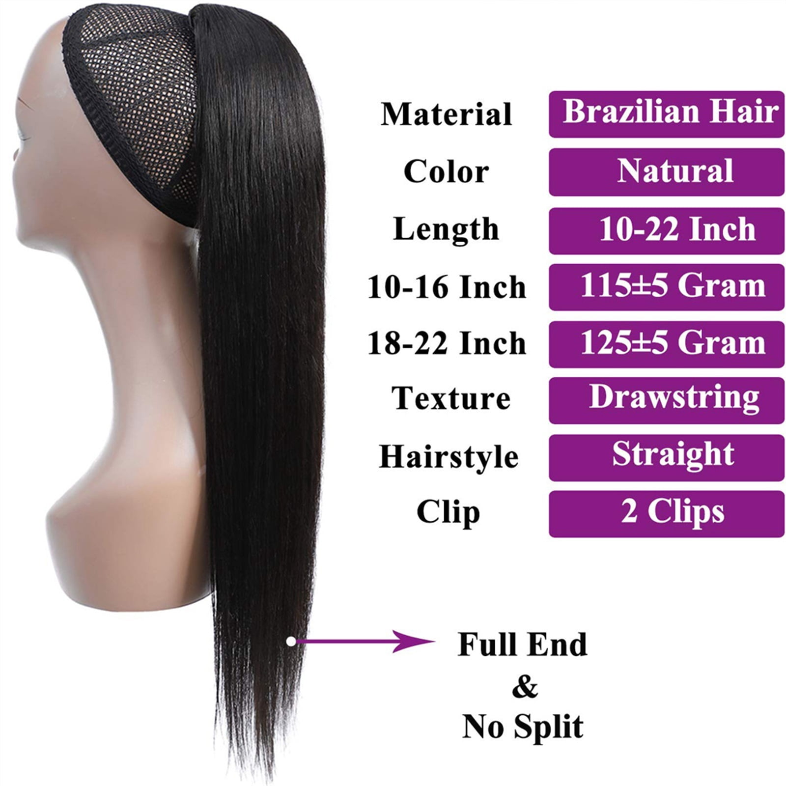 8-30" Straight Brazilian Drawstring Ponytail Hairpieces for Women Drawstring Ponytail Human Hair Extensions Unprocessed Natural Color Human Hair