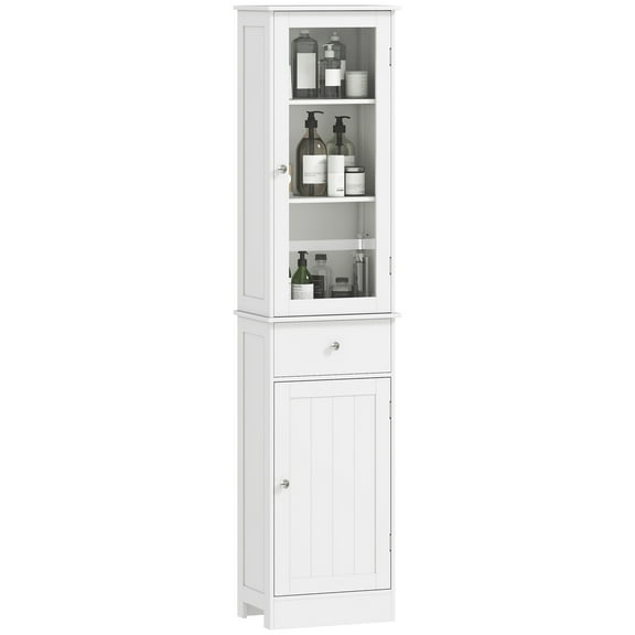 TYUIOP tall Bathroom Storage Cabinet with Frosted Glass Door & Adjustable Shelves, Freestanding Narrow Bathroom Cabinet wiht Drawer for Living Room. White