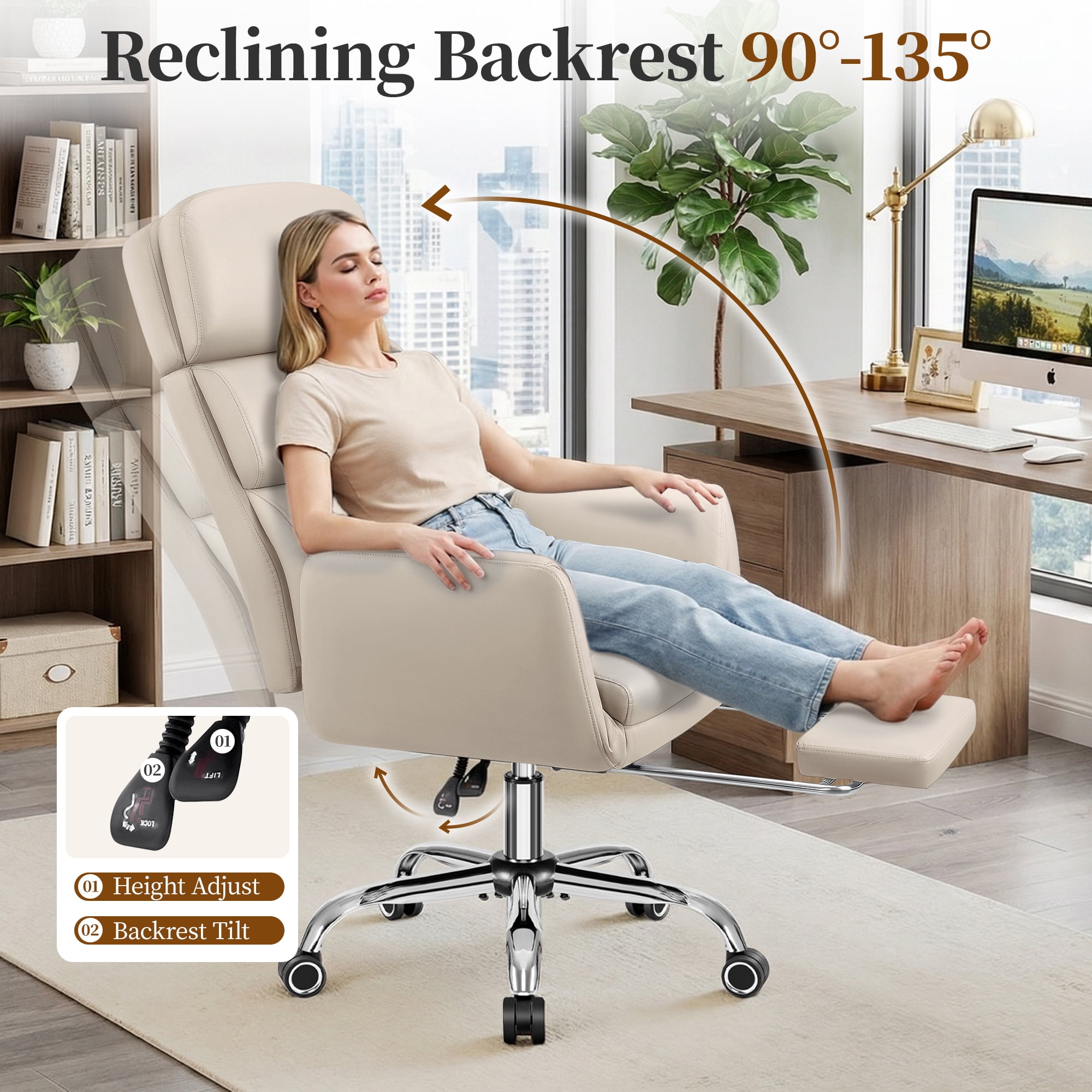 COOLHUT Big and Tall Office Chair 500LBS, Wide Seat Executive Office Desk Chair with Adjuatable Armrests and Headrest, PU Leather Hight Back Computer Chair with Footrest and Lumbar Suppor, Beige