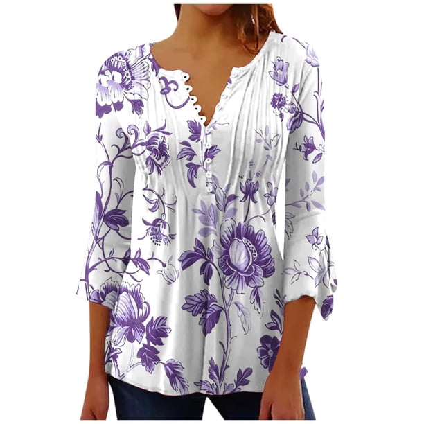 Camisetas de Cuello en V Mujeres, Impreso 3/4 Manga Blusa Casual Hecha de Cómodo Estante de Imitación para Toda la Temporada de Uso Diario, Camisetas Casuales de Mujer